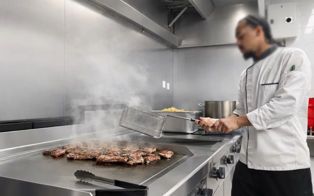 Cuisine professionnelle CHR avec plancha inox et chef en action, projet Ergonium