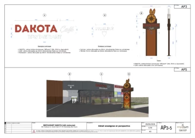 Plan technique des enseignes lumineuses et du totem du futur Dakota Café conçu par Ergonium.