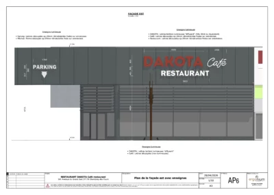 Plan de la façade Est du Dakota Café avec implantation des enseignes réalisé par Ergonium.