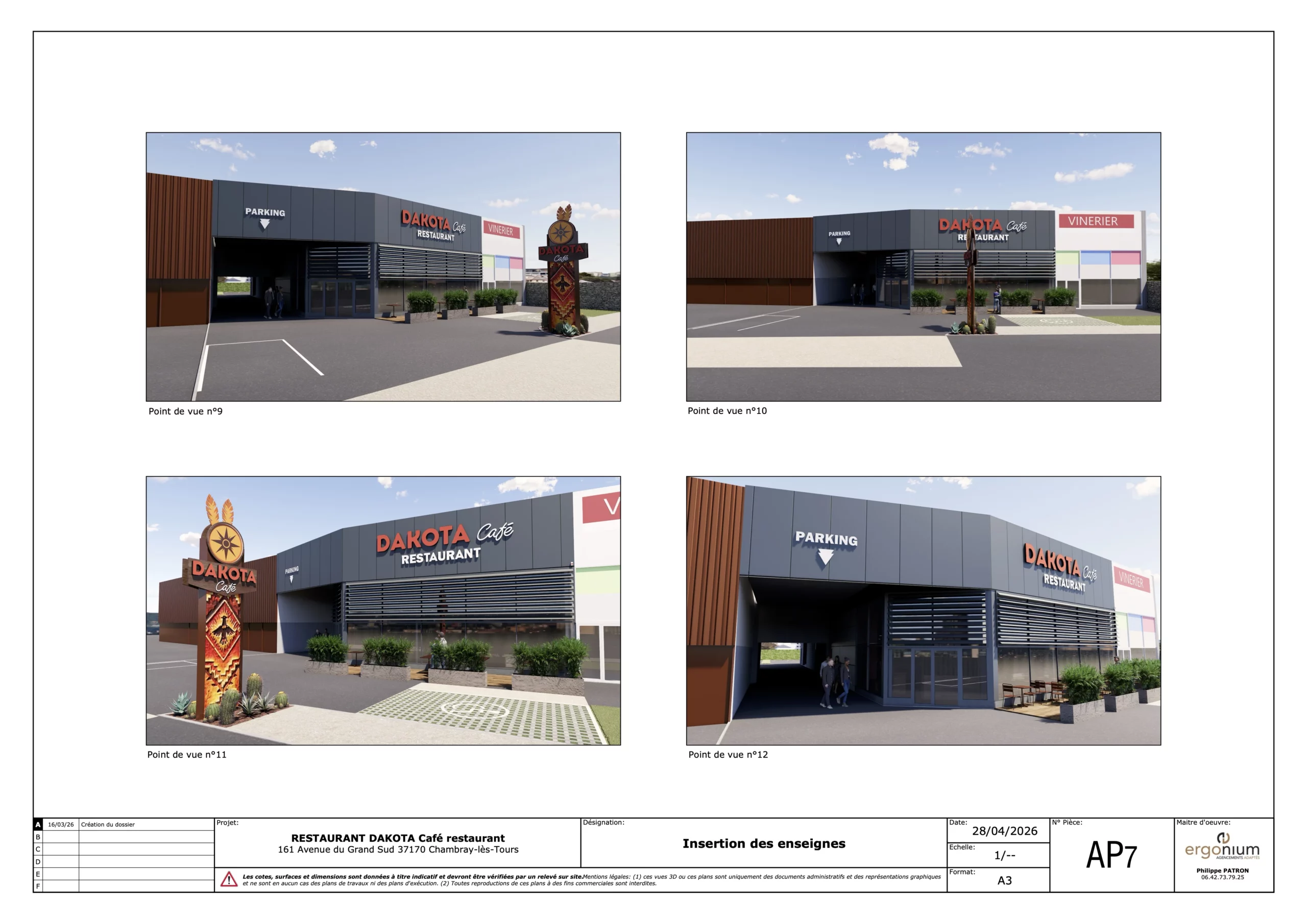 Rendus 3D de la future façade du Dakota Café à Chambray-lès-Tours réalisés dans le cadre des démarches administratives du projet