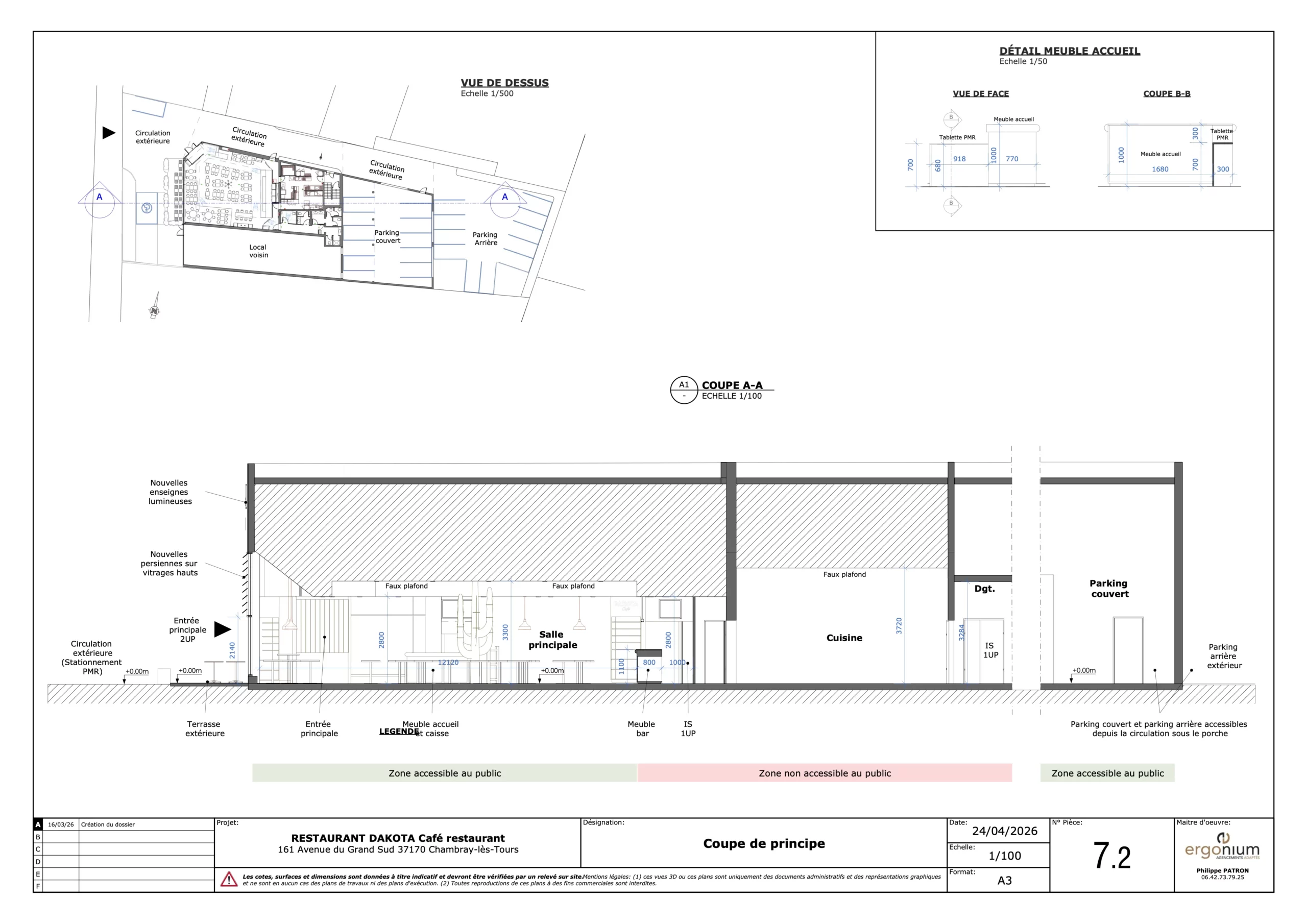 Plan de coupe architectural du futur Dakota Café à Chambray-lès-Tours réalisé dans le cadre de l’étude de faisabilité