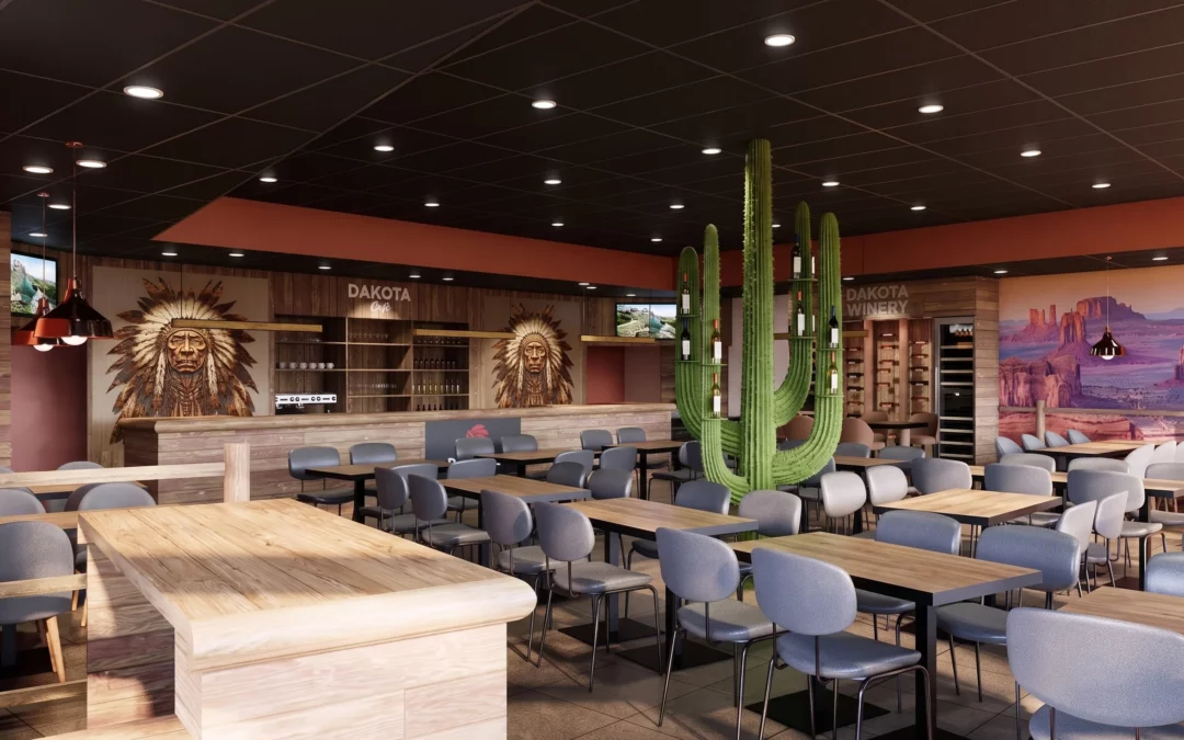 Rendu 3D intérieur du futur restaurant Dakota Café à Chambray-lès-Tours conçu dans le cadre de l’étude de faisabilité